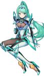  1girl armor blush bodysuit boots breasts chest_jewel cleavage commentary_request green322 green_eyes green_hair high_heel_boots high_heels highres horn large_breasts long_hair looking_at_viewer pneuma_(xenoblade_2) sitting solo spoilers tiara white_background xenoblade_(series) xenoblade_2 yokozuwari 