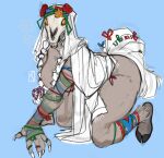 2024 accessory all_fours anthro arm_wraps big_breasts blue_background bone braided_hair breasts butt christmas clothing convenient_censorship curvy_figure equid equine european_mythology female flower fur furgonomics grey_body grey_fur hair hair_covering_breasts headgear headwear holidays hooves horse kanekuo long_hair long_nails mammal mari_lwyd mostly_nude mythology orange_eyes plant simple_background skull skull_head solo tail tail_accessory teeth thick_thighs undead voluptuous voluptuous_female welsh_mythology white_body white_hair wraps