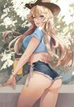  1girl ahoge ass blonde_hair blue_eyes blue_shirt blue_shorts blush breasts brown_headwear can commentary_request cowboy_hat crop_top denim denim_shorts hair_between_eyes hat highres holding holding_can iowa_(kancolle) kantai_collection kasumi_(skchkko) large_breasts long_hair looking_at_viewer looking_back micro_shorts one_eye_closed open_mouth shirt short_shorts short_sleeves shorts smile solo star-shaped_pupils star_(symbol) symbol-shaped_pupils teeth underbutt upper_teeth_only 
