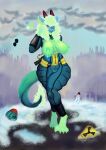 absurd_res anthro bethesda_softworks big_breasts bodily_fluids breasts dragon fallout female hi_res horn lactating moyco mythological_creature mythological_scalie mythology scalie snow solo wide_hips