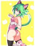  animal_ears ass azure_striker_gunvolt azure_striker_gunvolt_2 back bare_shoulders black_thighhighs blue_eyes breasts cat_ears cat_tail cougar_(cougar1404) from_behind gloves green_tail leotard looking_at_viewer looking_back paw_shoes pink_leotard roro_(gunvolt) short_hair simple_background small_breasts tail thighhighs white_gloves yellow_background 