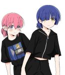  2girls alternate_hairstyle black_hoodie black_shirt blue_eyes blue_hair blush bocchi_the_rock! gotoh_hitori hair_bun highres hood hoodie long_hair looking_at_viewer midriff_peek mole mole_under_eye multiple_girls nekoko_samurai pink_hair ponytail shirt short_ponytail simple_background white_background yamada_ryo yellow_eyes 