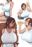  1girl :d alcohol bangs bare_shoulders blush breasts brown_hair cleavage closed_eyes collarbone cup drinking_glass drunk eyebrows_visible_through_hair faceless faceless_male hair_between_eyes highres holding holding_cup huge_breasts medium_hair open_mouth original short_shorts shorts smile tan tank_top tomiokasena unconscious white_tank_top 