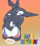 anthro big_butt bikini bikini_top black_body black_skin blue_eyes breasts butt cake cetacean cleavage clothed clothing crossed_arms delphinoid dorsal_fin female fin flukes food glistening glistening_body happy_birthday lying mammal marine oceanic_dolphin on_front orca simple_background snk_(artist) solo stars_and_stripes swimwear text toothed_whale united_states_of_america white_body white_skin 