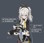  1girl ahoge artist_name black_bodysuit bodysuit closed_mouth dntl96_(zero_sf) english_text grey_background grey_hair headgear highres karenina:_scire_(punishing:_gray_raven) karenina_(punishing:_gray_raven) mechanical_arms mechanical_legs orange_eyes punishing:_gray_raven sidelocks solo speech_bubble two-tone_bodysuit two_side_up unkempt white_bodysuit 