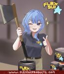  1girl axe blue_eyes blue_hair blunt_bangs blush brown_panties bucket cosplay flex_tape grey_shirt highres holding holding_weapon indoors long_hair looking_at_viewer meme one_eye_closed panties parody phil_swift phil_swift_(cosplay) shirt shirt_tucked_in short_sleeves side_ponytail smile solo star_(symbol) table tomanesan underwear weapon 