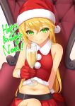  1girl bare_shoulders blazblue blonde_hair breasts chair character_name cup drawika02 drinking_glass gloves green_eyes hair_between_eyes happy_birthday hat holding holding_cup long_hair looking_at_viewer midriff navel noel_vermillion on_chair red_gloves red_headwear red_shirt red_skirt santa_hat shirt sitting skirt sleeveless sleeveless_shirt small_breasts smile solo 