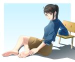  1girl absurdres arendelle barefoot black_hair blue_background blue_shirt blush border breasts brown_eyes brown_shorts chair chinese_commentary collared_shirt commentary_request eyelashes feet full_body gradient_background hair_ornament hand_on_own_foot highres iwato_suzume long_hair long_sleeves looking_at_viewer medium_breasts on_ground open_mouth ponytail shadow shirt shorts single_sidelock sitting soles solo suzume_no_tojimari toenails toes white_border x_hair_ornament 