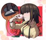  alcohol braid brown_eyes brown_hair cup drinking emile_aoi eyepatch flower girls&#039;_frontline highres long_hair m16a1_(girls&#039;_frontline) mole mole_under_eye multicolored_hair necktie red_flower red_rose rose shirt slippers socks solo watch white_socks wine yellow_shirt 