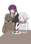  3girls absurdres aroon bare_shoulders clone closed_eyes drooling elf fern_(sousou_no_frieren) food fork frieren hair_down hands_on_another&#039;s_shoulders highres holding holding_fork lettuce long_hair mouth_drool multiple_girls open_mouth pointy_ears potato purple_eyes purple_hair saliva sausage simple_background sleepy sousou_no_frieren sweat sweatdrop thick_eyebrows twintails very_long_hair white_background 