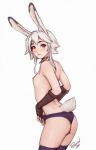  1girl animal_ears artist_name ass black_panties black_thighhighs breasts brown_gloves collar commentary elbow_gloves english_commentary fingerless_gloves from_side gloves light_blush looking_at_viewer nipples original panties personal_ami rabbit_ears rabbit_girl rabbit_tail red_eyes short_hair_with_long_locks sidelocks signature simple_background small_breasts solo tail thighhighs topless underwear underwear_only white_background white_hair 