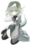  1984_(artist) 1boy bill_(black_souls) black_bow black_bowtie black_hairband black_souls black_thighhighs blush bow bowtie brown_footwear closed_mouth dress full_body green_hair green_tail grey_dress hairband highres juliet_sleeves long_sleeves looking_at_viewer male_focus orange_eyes otoko_no_ko puffy_sleeves simple_background smile solo sweat thighhighs wavy_mouth white_background 