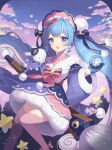  1girl :d aqua_hair blue_bow blue_capelet blue_gloves blue_headwear blue_kimono boater_hat bonnet bow bowtie capelet cloud crescent crescent_hair_ornament crescent_moon floating_hair fur-trimmed_sleeves fur_trim gloves gradient_eyes gradient_hair gradient_sky hair_bow hair_ornament hatsune_miku holding holding_paintbrush japanese_clothes kimono long_hair looking_at_viewer lunaticmed moon multicolored_eyes multicolored_hair musical_note open_mouth paintbrush pink_bow pink_bowtie pink_eyes pink_headwear pink_thighhighs pom_pom_(clothes) purple_eyes rabbit_yukine raised_eyebrows sidelocks sitting sky smile snowflake_print snowflakes sparks star_(sky) star_(symbol) star_hair_ornament starry_sky thighhighs twintails two-tone_bow very_long_hair vocaloid wide_sleeves yuki_miku yuki_miku_(2023) 