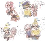  1boy 1girl agent_3_(splatoon) agent_8_(splatoon) black_skirt blonde_hair blue_hair chinese_text closed_mouth covering_own_mouth crop_top crossed_arms english_text frown green_eyes grey_eyes grey_hair hand_up hat headgear heart holding holding_clothes holding_hat inkling inkling_boy inkling_player_character looking_at_another medium_hair miniskirt multicolored_hair octoling octoling_girl octoling_player_character open_mouth peaked_cap ponytail profanity red_hair short_hair simple_background single_bare_shoulder single_sleeve skirt smile speech_bubble splatoon_(series) splatoon_2 splatoon_2:_octo_expansion splatoon_3 splatoon_3:_side_order spoken_squiggle squiggle suction_cups tentacle_hair thenintlichen96 thigh_strap two-tone_hair white_background yellow_eyes zipper 