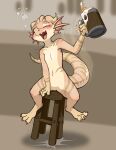 3_toes absurd_res anthro barefoot blush bubble claws drunk drunk_bubble feet female furniture hi_res holding_mug holding_object kobold koboldklaws markings mug open_mouth sitting smile solo stool stripes substance_intoxication tail toes