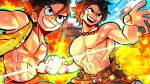  2boys abs bare_shoulders bead_necklace beads belt black_eyes black_hair blue_sky brothers clenched_hand cloud collarbone embers emphasis_lines fire freckles highres jewelry male_focus monkey_d._luffy multiple_boys muscular muscular_male necklace one_piece open_clothes open_mouth open_shirt portgas_d._ace scar scar_on_face shirt siblings sky sleeveless smile sonchapo topless_male yellow_shirt 