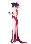  1girl absurdres alcohol animal_ears backless_dress backless_outfit black_hair blue_archive cat_ears cat_girl cup dress drink drinking_glass evening_gown from_side full_body half_updo halo hand_up high_heels highres holding holding_drink kazusa_(blue_archive) legs legs_apart long_dress looking_ahead multicolored_hair pink_hair profile red_dress red_eyes red_footwear short_hair short_ponytail side_slit sidelocks simple_background solo standing streaked_hair thighs white_background wine wine_glass yata_mawari 