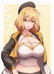  1girl ahoge anis_(nikke) breasts brown_eyes brown_hair cat_hair_ornament character_name cleavage goddess_of_victory:_nikke hair_ornament highres jacket long_sleeves looking_at_viewer midriff navel open_mouth short_hair smile solo tank_top umasan upper_body white_tank_top yellow_jacket 