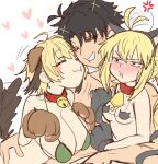  1boy 2girls ahoge ahoge_wag animal_ears animal_hands artoria_caster_(fate) artoria_pendragon_(fate) bare_shoulders bikini black_bikini black_hair blonde_hair blush breasts cat_ears cat_tail cleavage closed_eyes collar dog_ears dog_tail ebora expressive_hair fate/grand_order fate_(series) fujimaru_ritsuka_(male) gareth_(fate) gloves green_bikini green_eyes hair_flaps highres large_breasts long_hair micro_bikini multiple_girls paw_gloves pout short_hair small_breasts smile swimsuit tail 