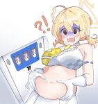  !? 1girl @_@ absurdres bare_shoulders bathroom_scale blonde_hair blue_archive breasts cleavage crop_top gen_(unzzenasd) gloom_(expression) gloves halo hands_on_own_stomach highres kotori_(blue_archive) kotori_(cheer_squad)_(blue_archive) large_breasts open_mouth plump red_eyes shirt short_twintails skirt sleeveless sleeveless_shirt turn_pale twintails upper_body wavy_mouth weighing_scale white_gloves white_skirt wilted_ahoge yuuka_(blue_archive) 
