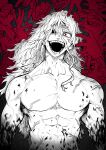  1boy absurdres blood blood_on_arm blood_on_body blood_splatter boku_no_hero_academia crazy_eyes hair_over_one_eye highres long_hair muscular muscular_male open_mouth red_eyes shigaraki_tomura solo teeth too_many_hands topless_male yotsumi_shiro 