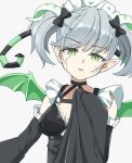  1girl arianna_the_labrynth_servant black_bow black_dress bow breasts demon_girl detached_sleeves dress duel_monster frills green_eyes green_wings grey_hair hair_bow halterneck hand_up highres horns kinuge looking_at_viewer maid_headdress medium_breasts pointy_ears short_hair simple_background sleeves_past_fingers sleeves_past_wrists solo twintails upper_body white_background wings yu-gi-oh! 