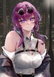  1girl absurdres bare_shoulders black_jacket breasts cleavage cleavage_cutout clothing_cutout commentary eyewear_on_head highres honkai:_star_rail honkai_(series) jacket kafka_(honkai:_star_rail) long_hair looking_at_viewer medium_breasts off_shoulder purple_eyes purple_hair shirt shoulder_cutout smile solo sunglasses upper_body white_shirt yawww_(yawwwart) 