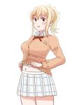  1girl blonde_hair blush breasts brown_cardigan cardigan collared_shirt commentary_request long_sleeves looking_at_viewer love_live! love_live!_nijigasaki_high_school_idol_club medium_breasts medium_hair midriff_peek miyashita_ai neck_ribbon nijigasaki_academy_school_uniform open_mouth orange_eyes ponytail ribbon school_uniform shirt sidelocks solo standing takahashi_mugi undressing upper_body white_background white_shirt winter_uniform 