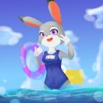  1:1 2020 anthro blush breasts buckteeth clothed clothing cloud disney female fully_clothed hi_res inner_tube judy_hopps lagomorph leporid mammal one-piece_swimsuit open_mouth open_smile outside partially_submerged rabbit sky smile solo swimwear teeth tieradler water zootopia 