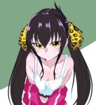  1girl animal_print bare_shoulders black_hair blush breasts commentary_request crop_top hair_ribbon highres idolmaster idolmaster_cinderella_girls jacket kazuta1000 leopard_print long_hair looking_at_viewer matoba_risa navel off_shoulder open_clothes open_jacket print_ribbon ribbon small_breasts solo tank_top twintails upper_body white_tank_top yellow_eyes 