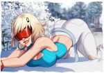  1girl artist_name bare_shoulders blonde_hair blue_sweater border breasts bush cleavage cropped_sweater earrings evie_(fortnite) fortnite hair_ornament highres hoop_earrings jewelry large_breasts looking_at_viewer magaska19 official_alternate_costume official_alternate_hairstyle open_mouth outdoors pants red-tinted_eyewear ribbed_sweater short_hair sleeveless sleeveless_sweater snow snow_goggles solo summitseeker_evie_(fortnite) sweater tinted_eyewear tongue tongue_out top-down_bottom-up torn_clothes torn_pants white_border white_pants 