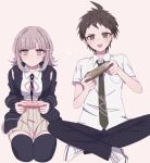  1boy 1girl ahoge black_jacket black_pants black_shirt black_thighhighs blunt_bangs blush brown_hair brown_skirt chi_gu collared_shirt controller danganronpa_(series) danganronpa_2:_goodbye_despair dress_shirt galaga green_necktie hair_ornament highres hinata_hajime holding holding_controller jacket medium_hair miniskirt nanami_chiaki neck_ribbon necktie open_clothes open_jacket pants pink_eyes pink_ribbon pleated_skirt pout ribbon shirt short_hair short_sleeves skirt thighhighs two-tone_shirt white_shirt 