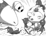  1boy alph_(pikmin) backpack bag bags_under_eyes bulborb commentary_request emphasis_lines fang fang_out freckles from_side gloves greyscale helmet leaf looking_at_animal monochrome naru_(wish_field) no_mouth nostrils open_mouth pikmin_(creature) pikmin_(series) pikmin_3 pointy_nose radio_antenna red_pikmin short_hair space_helmet spacesuit teeth upper_teeth_only very_short_hair whistle wide-eyed 