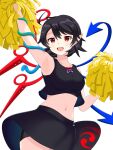  1girl :d adapted_costume ahoge alternate_costume arm_up armpits bike_shorts black_hair black_shirt black_skirt blue_wings breasts cheerleader cowboy_shot crop_top highres holding holding_pom_poms houjuu_nue looking_at_viewer medium_breasts midriff miniskirt navel open_mouth pointy_ears pom_pom_(cheerleading) red_eyes red_wings sanity3519_(user_mvfv4345) shirt short_hair shorts shorts_under_skirt simple_background skirt sleeveless sleeveless_shirt smile snake solo standing tank_top thighs touhou touhou_lost_word white_background wings 