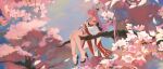  1girl animal_ears breasts cherry_blossoms detached_sleeves fox_ears genshin_impact hair_ornament highres in_tree japanese_clothes kimono long_hair nineye nontraditional_miko pink_hair purple_eyes sideboob sitting sitting_in_tree sleeveless sleeveless_kimono solo thighs tree yae_miko 