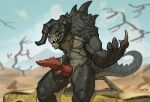 2024 animal_genitalia bethesda_softworks claws deathclaw digital_drawing_(artwork) digital_media_(artwork) erection fallout finger_claws foreskin genital_slit genitals hi_res horn knot male outside penile_spines penis phinnherz scalie sitting solo tail teeth