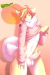  2:3 anthro beezlebumawoken bottomless canid canine canis clothed clothing domestic_dog erection fluffy food fruit fur genitals hair hi_res hoodie hoodie_only looking_at_viewer male mammal mane mane_hair nipples peach_(fruit) penis pink_hoodie pink_nose plant pomeranian red_hair smile solo spitz tan_body tan_fur topwear white_body white_fur 