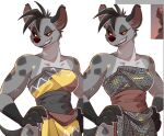 anthro bakuatsukiyu bare_shoulders bottomwear clothing disney female hair hand_on_hip hyena looking_away looking_down mammal multiple_images narrowed_eyes sharp_teeth shenzi_(the_lion_king) skirt smile smirk solo spiky_hair teeth the_lion_king yellow_eyes