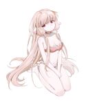  1girl barefoot bra breasts brown_eyes brown_hair chii chobits choker dot_nose frilled_bra frilled_choker frilled_panties frills full_body hair_tubes highres kd_(jichaman1) kneeling large_breasts long_hair navel panties solo underwear very_long_hair white_background 