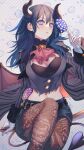  1girl alternate_costume ascot black_horns black_shorts blue_eyes blue_hair breasts brown_pantyhose buttons byleth_(female)_(fire_emblem) byleth_(fire_emblem) byleth_(male)_(fire_emblem) byleth_(male)_(fire_emblem)_(cosplay) byleth_(male)_(halloween)_(fire_emblem) candy cleavage closed_mouth cosplay demon_horns demon_tail fake_horns fake_tail fire_emblem fire_emblem:_three_houses fire_emblem_heroes food gloves hair_between_eyes halloween_costume highres holding holding_candy holding_food holding_lollipop horns large_breasts lollipop looking_at_viewer oas pantyhose pink_ascot shorts solo tail thighs twitter_username white_gloves 