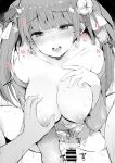  1boy 1girl absurdres azur_lane bangs bar_censor bare_shoulders blunt_bangs blush breast_grab breasts breasts_outside censored cleavage collarbone ear_blush eyebrows_visible_through_hair floral_print flower grabbing greyscale hair_flower hair_ornament hair_ribbon hand_on_own_chest head_tilt heart heavy_breathing hetero highres honolulu_(azur_lane) honolulu_(festival_date)_(azur_lane) japanese_clothes kimono large_breasts long_hair long_sleeves looking_at_viewer monochrome motion_lines nipples nose_blush obi off-shoulder_kimono open_clothes open_kimono open_mouth pov pubic_hair ribbon sakurayu_haru saliva saliva_trail sash sex solo_focus spread_legs straddling sweat tears thighhighs tied_hair twintails vaginal very_long_hair white_legwear wide_sleeves yukata 