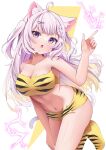 100ton250 1girl :o ahoge animal_ears braid breasts cat_ears cat_girl cat_tail cleavage grey_hair hashtag_only_commentary highres indie_virtual_youtuber large_breasts lightning lion_print long_hair looking_at_viewer neru_utano purple_eyes single_braid tail underwear underwear_only virtual_youtuber 