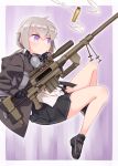  1girl bangs bipod black_footwear black_gloves black_jacket black_skirt blush bolt_action cheytac_m200 closed_mouth commentary_request dress_shirt ear_protection eyebrows_visible_through_hair girls_frontline gloves grey_hair gun hair_between_eyes haradaiko_(arata_himeko) highres holding holding_gun holding_weapon hood hood_down hooded_jacket jacket long_hair long_sleeves looking_away low_twintails m200_(girls_frontline) object_namesake open_clothes open_jacket pleated_skirt purple_eyes rifle shell_casing shirt shoes skirt sniper_rifle sniper_scope socks solo twintails v-shaped_eyebrows weapon white_shirt 