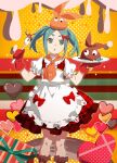  1girl apron aqua_hair bakemonogatari bow brown_socks chocolate dress gloves green_eyes hands_up heart holding holding_plate holding_spoon looking_at_viewer maid maid_apron monogatari_(series) monogatari_series_puc_puc multicolored_background neckerchief ononoki_yotsugi open_mouth orange_background orange_headwear orange_neckerchief plate red_bow red_dress red_gloves red_skirt short_sleeves skirt socks spoon standing third-party_source twintails valentine watanabe_akio 