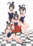  4girls absurdly_long_hair animal_ears ashigara_(kantai_collection) black_footwear black_hair blue_leotard braid braided_bun breasts brown_eyes brown_hair bunny_ears bunny_girl bunnysuit chair detached_collar fake_animal_ears haguro_(kantai_collection) hair_bun hair_ornament high_heels highres horned_headwear kantai_collection large_breasts leotard long_hair multiple_girls myoukou_(kantai_collection) nachi_(kantai_collection) osashimisan short_hair side_ponytail sitting standing strapless strapless_leotard very_long_hair wavy_hair wrist_cuffs 