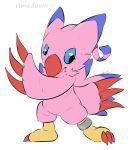  ambiguous_gender avian beak biyomon blue_eyes blue_markings blue_sclera claws digimon digimon_(species) feather_tuft feathers markings pink_body pink_feathers red_claws rimedown ring ring_on_leg simple_background solo toe_claws tuft white_background 