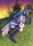  2020 absurd_res anthro avian bird blue_body blue_feathers blue_jay butt corvid exposed exposed_butt feathers feet female foot_focus genitals grass hi_res humanoid jay_(bird) looking_at_viewer lying new_world_jay on_side outside pussy solo solo_focus sunset tail_feathers tree ubermarder white_body white_feathers yellow_eyes zoe_(kinjagh) 