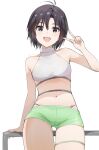  1girl antenna_hair bare_shoulders black_eyes black_hair blush breasts collarbone commentary green_shorts groin idolmaster idolmaster_(classic) kikuchi_makoto looking_at_viewer mogskg navel open_mouth railing shirt short_hair shorts sleeveless sleeveless_turtleneck small_breasts smile solo thigh_strap thighs turtleneck v white_shirt 