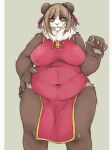 2017 5_claws 5_fingers anthro arms_bent asian_clothing bear biped breasts brown_body brown_fur bun_cover chinese_clothing chinese_dress claws clothed clothed_anthro clothed_female clothing dress east_asian_clothing eyebrow_through_hair eyebrows eyelashes female female_anthro fingers front_view fur galette giant_panda glistening glistening_hair hair hi_res japanese_description looking_at_viewer mammal multicolored_body multicolored_clothing multicolored_dress multicolored_fur neck_tuft open_mouth pelvic_curtain portrait red_clothing red_dress short_hair sleeveless_dress solo standing tan_hair three-quarter_portrait translucent translucent_hair tuft two_tone_body two_tone_clothing two_tone_dress two_tone_fur white_body white_fur yellow_clothing yellow_dress