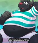 2024 anthro belly big_belly black_body bodily_fluids bovid bovine bulge cattle clothing english_text hi_res kemono leonthelionel male mammal navel overweight overweight_male shirt simple_background solo sweat text the_human_heart_(game) topwear tyler_(the_human_heart) underwear